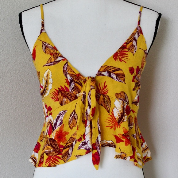 Bright Yellow Tropical Floral Print Cropped Split Ruffle Tank Top - Picture 1 of 9